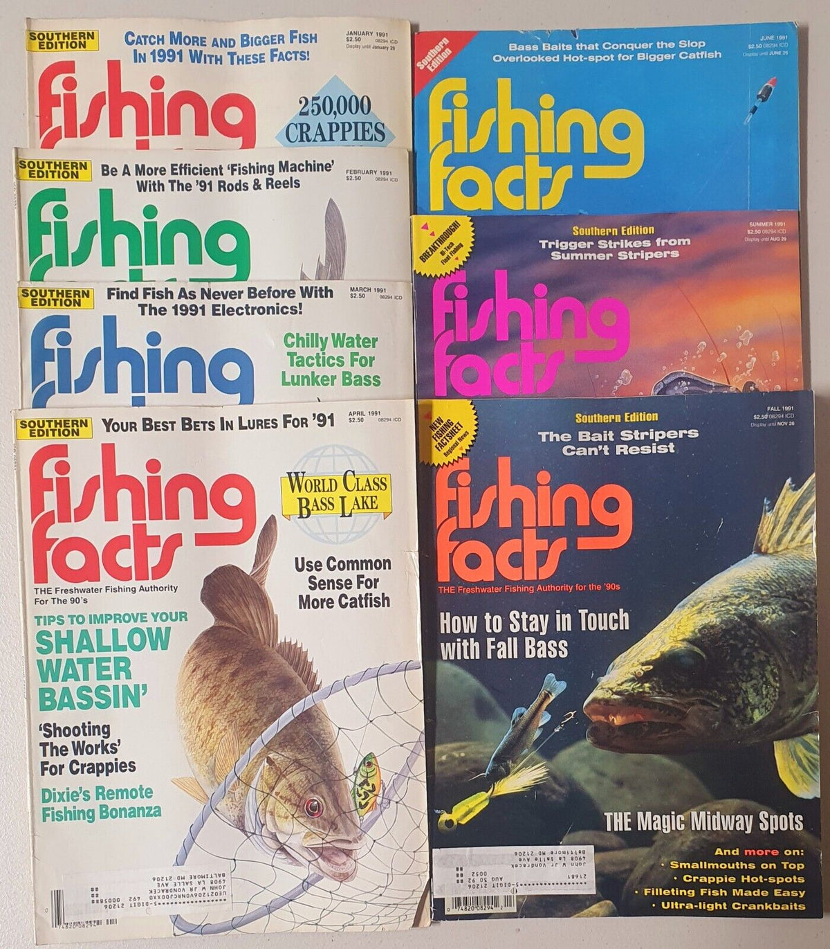 Fishing Facts Magazines Lot of 7 (Jan-Apr, June, Aug, Nov 1991)