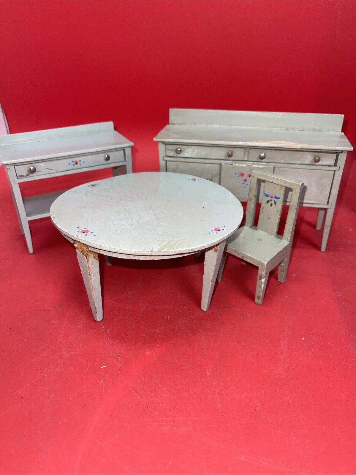 Dollhouse Furniture Vintage Rare Wooden FVC Gray Dining Table 2 Sideboards Chair