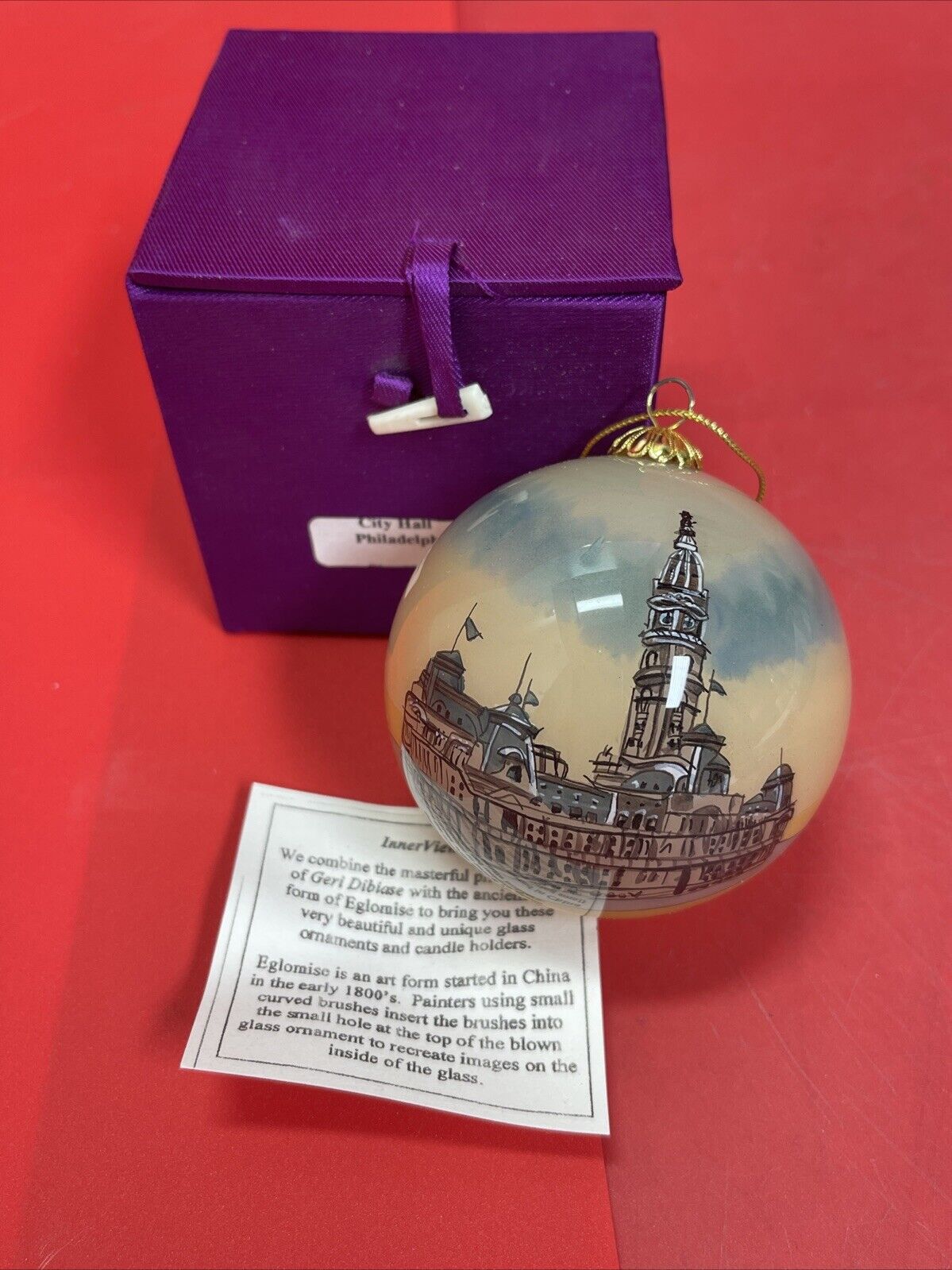 Vintage Reverse Painted Christmas Glass Ornament  3.25” City Hall Philadelphia