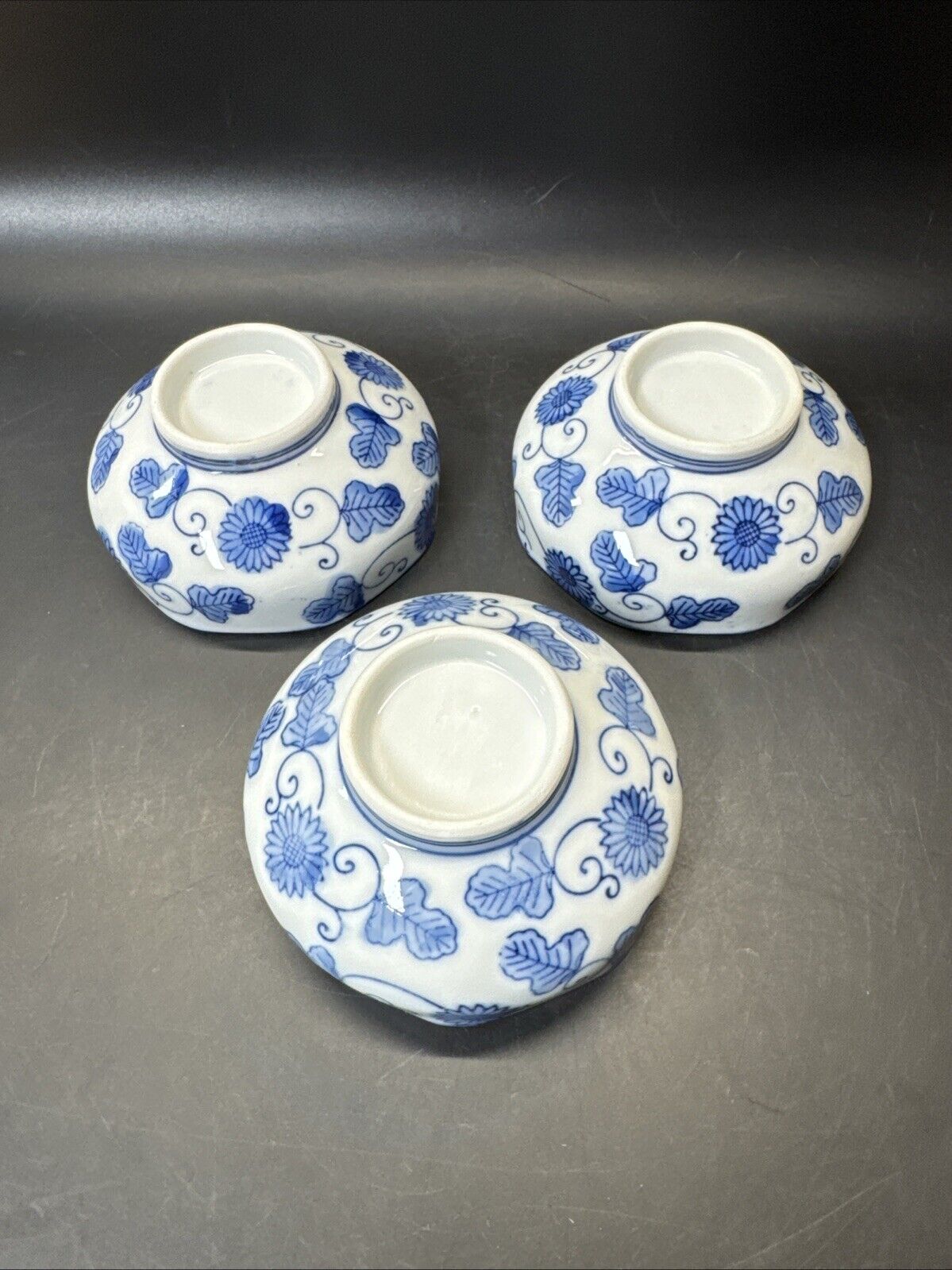 Vintage Otigiri Octagon OMC Japan China Blue White Leaf Rice Bowl/ Set Of 3