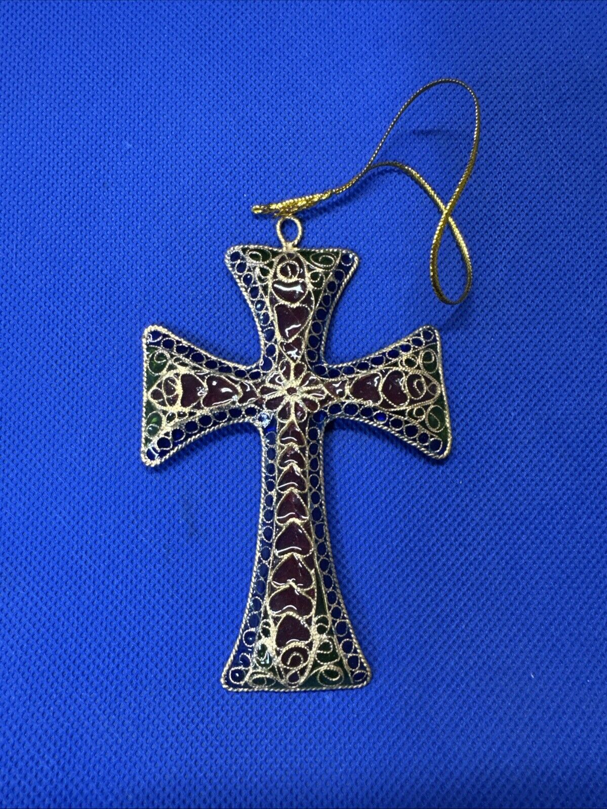 Vintage Plique a jour Cloisonne Wire Cross Pendant