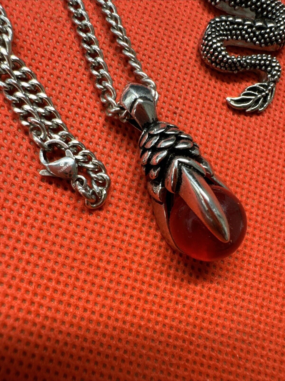 Stainless Steel Red Glass Claw Pendant, Necklace, Ring/ Set Of 3