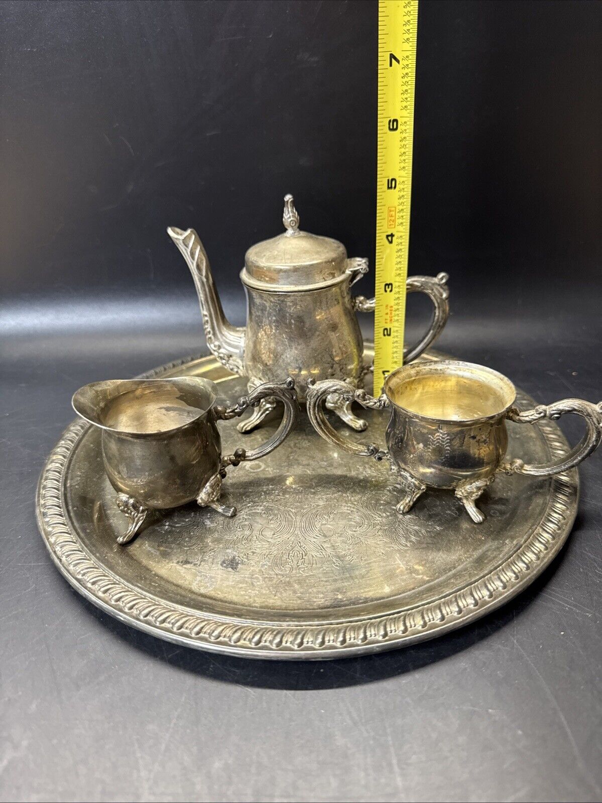 Tea Set Godinger Silver Art Individual Tea Pot/Creamer/ Sugar Bowl/Tray