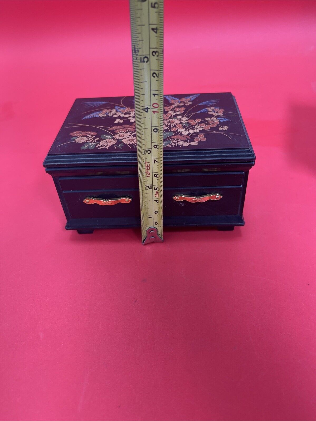 Asian Faux Lacquer Small Jewelry Box w/ Interior Mirror & Red Velvet Lining Lot2