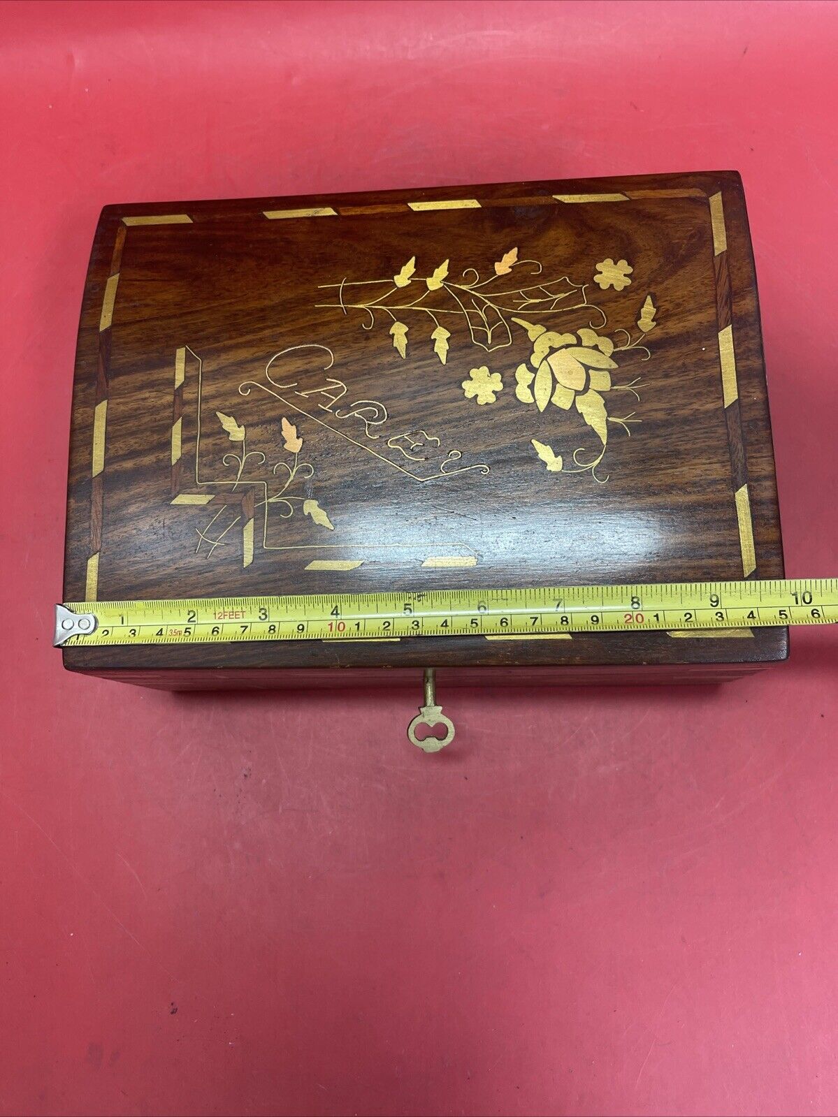 Vintage Handmade Inlaid Wood Jewelry Box W/Key,Gold Inlaid Design,10"x 7"x4"