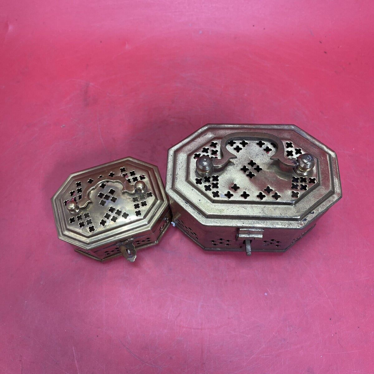 2 Vtg Brass Cricket Incense Hinged Latch Trinket Boxes India Octagon & Rectangle