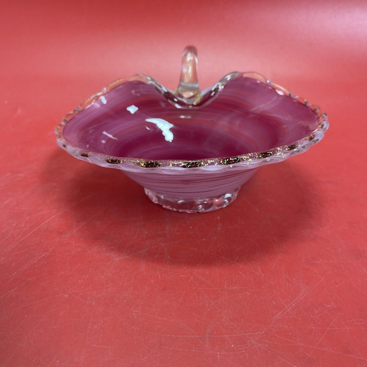 Vintage Italy Hand Blown Pink Swirl Glass Gold Fleck Nappy Dish