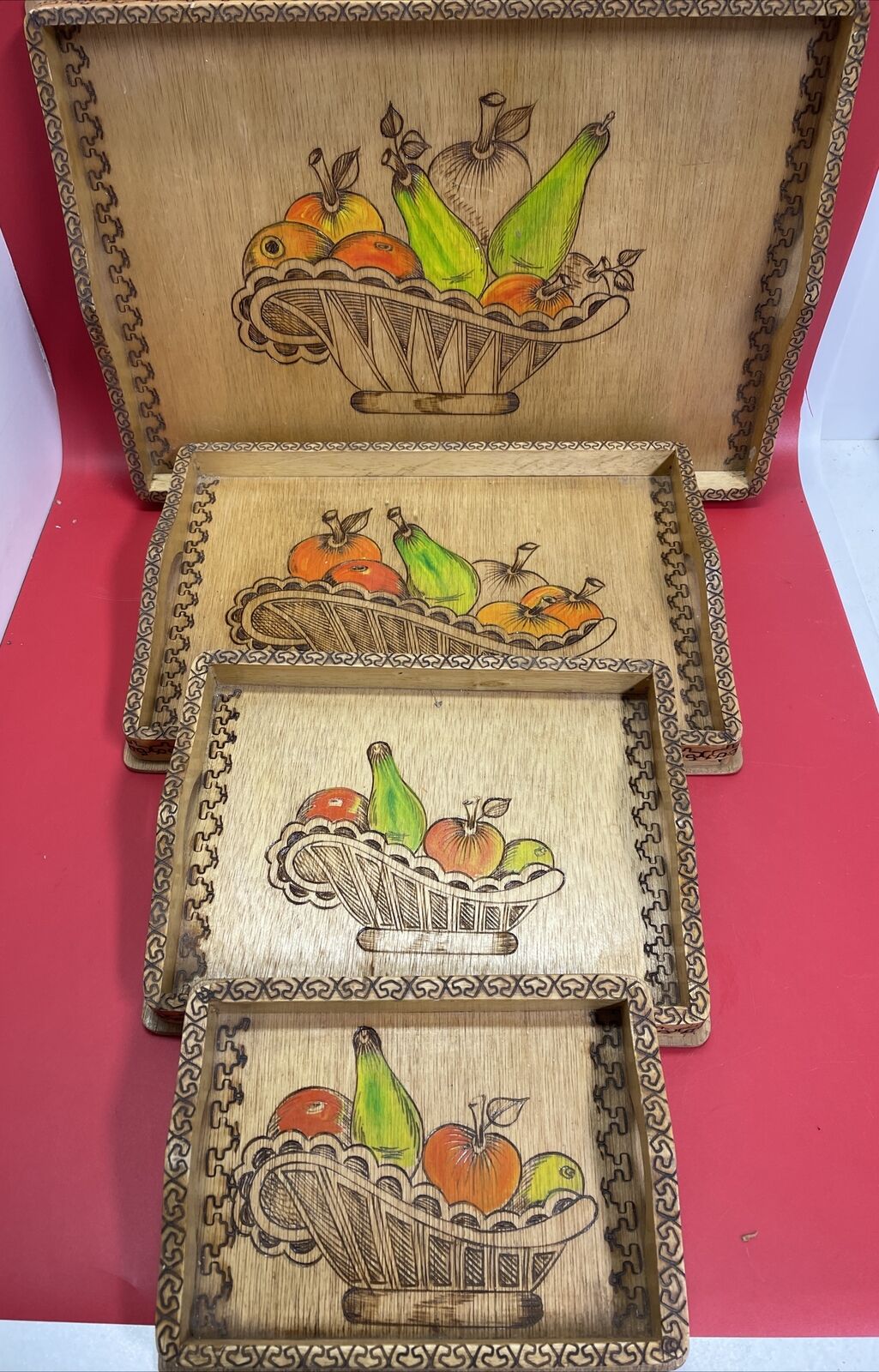 Vintage carved wooden tray with tropical island fruits and border Lot 4