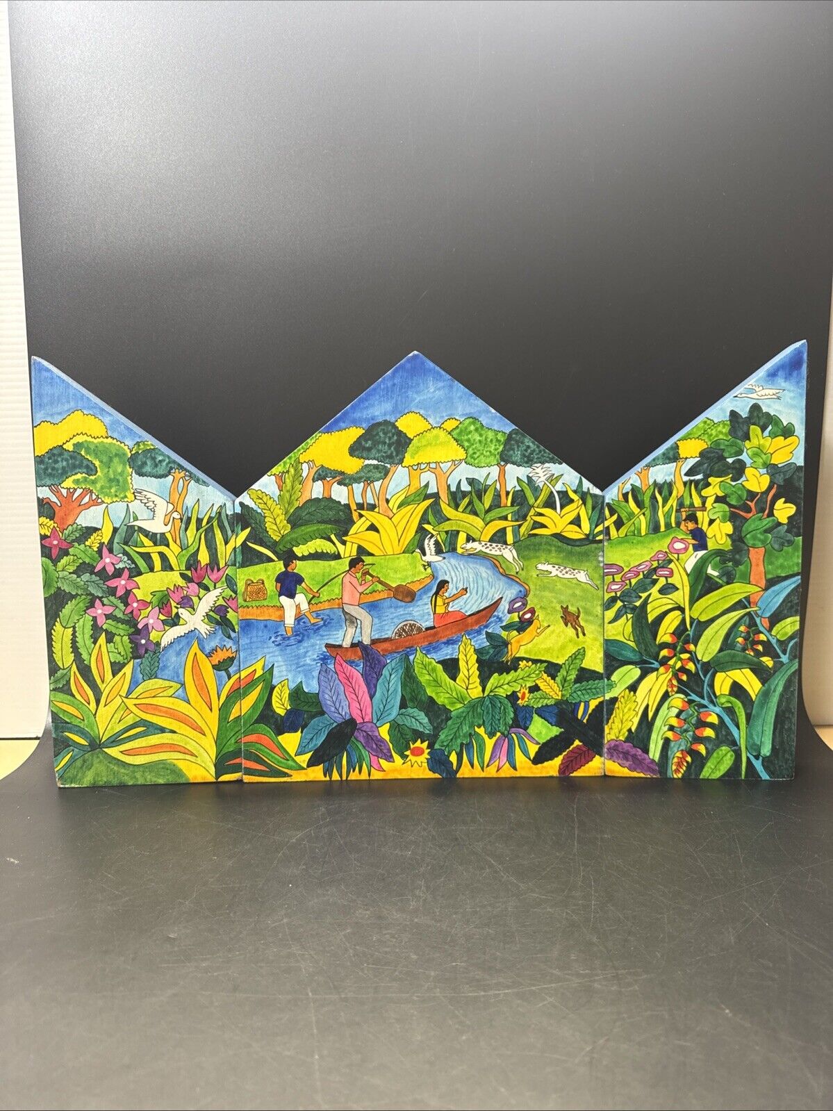 Triptych Acrylic Painting on Wood Abuelo Guarayo