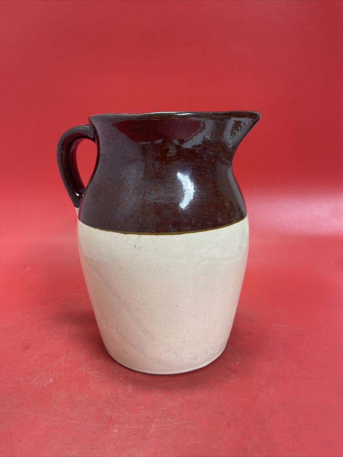 Vintage Stoneware Pitcher Pottery Brown Upper Natural Cream Lower 9”