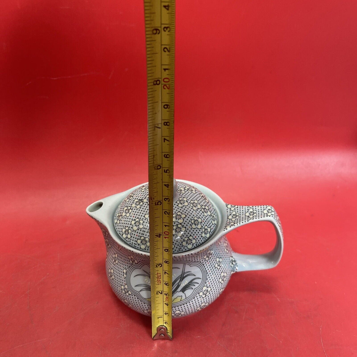 Vintage Asian Tea Set Teapot Cups Flowers Bridge Scene China Japan