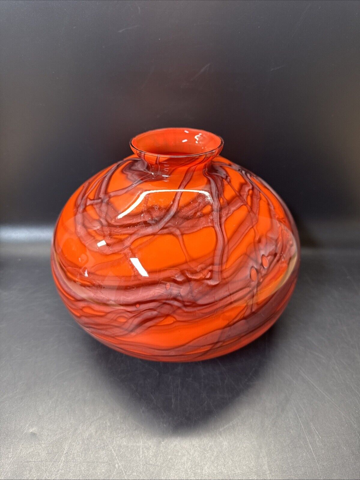 Vintage Art Deco Red Veined Bulbous Glass Ball Vase