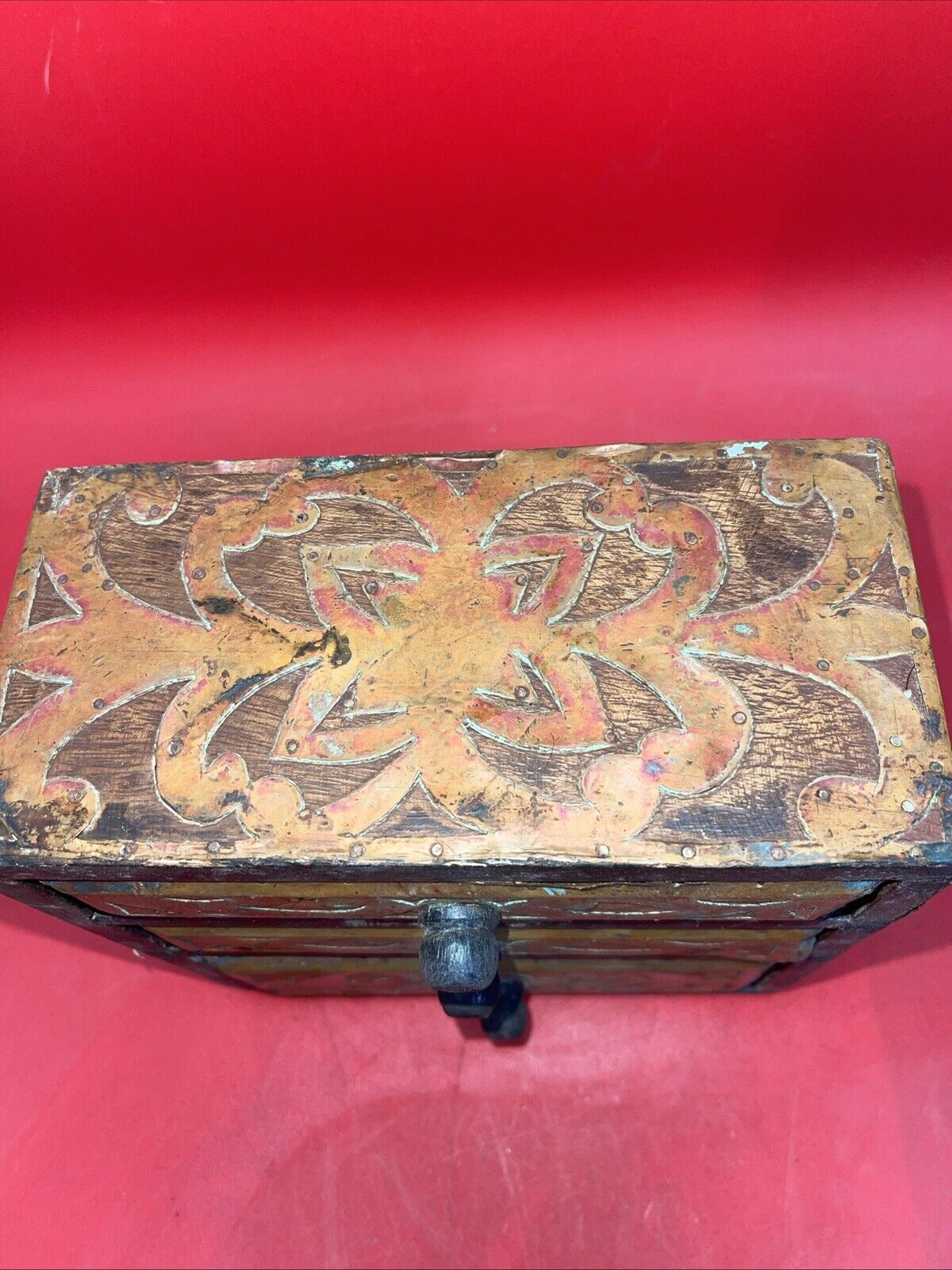 Rare Antique Vintage Wooden Chest with 3 Drawers Handmade for Jewelry