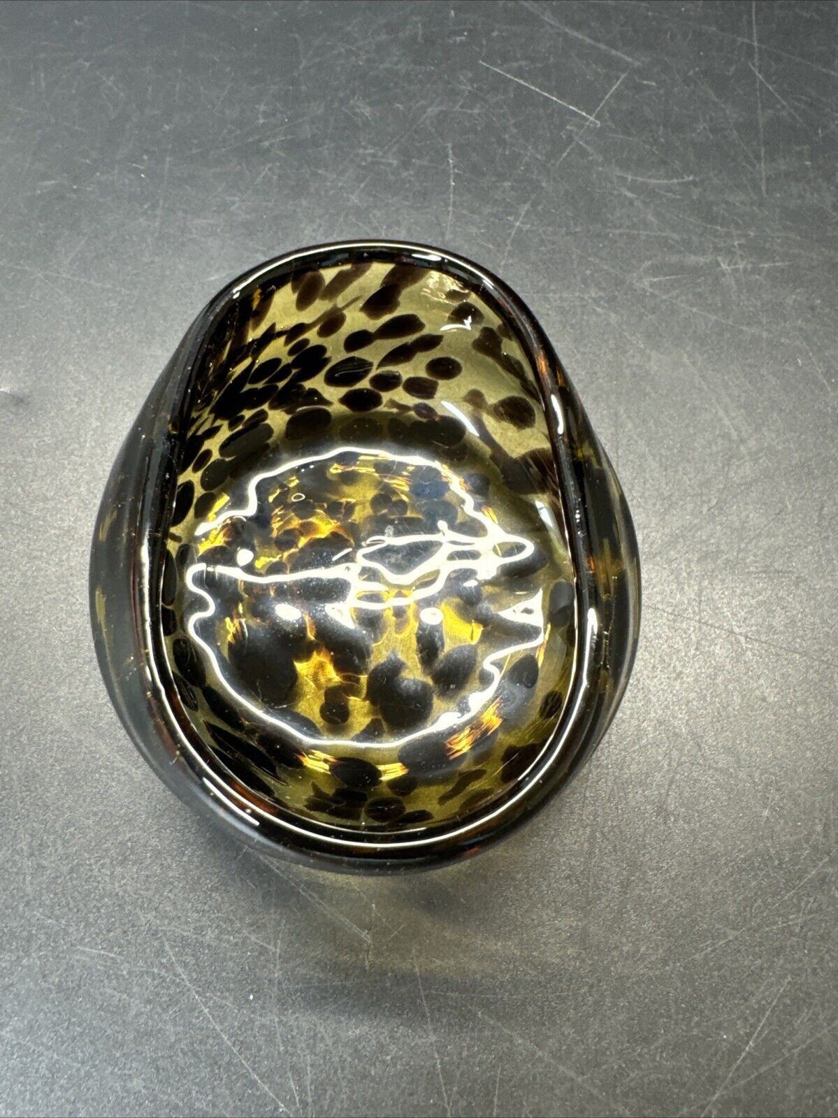 Vintage Hand Blown Amber Tortoise Shell Art Glass Bowl Oval With Folded Edge