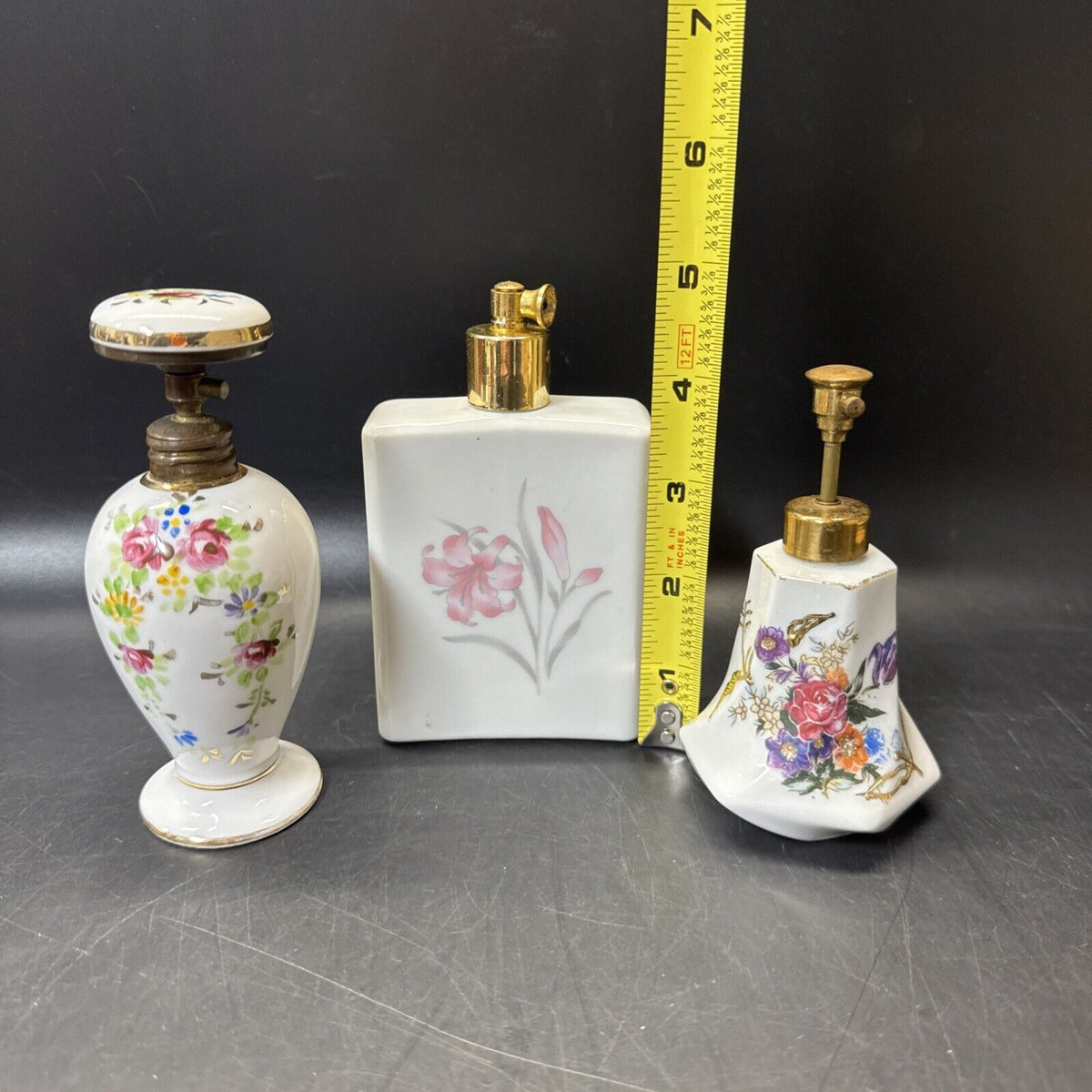 Vintage Perfume Atomizer Bottles Floral Design/ Lot Of 3