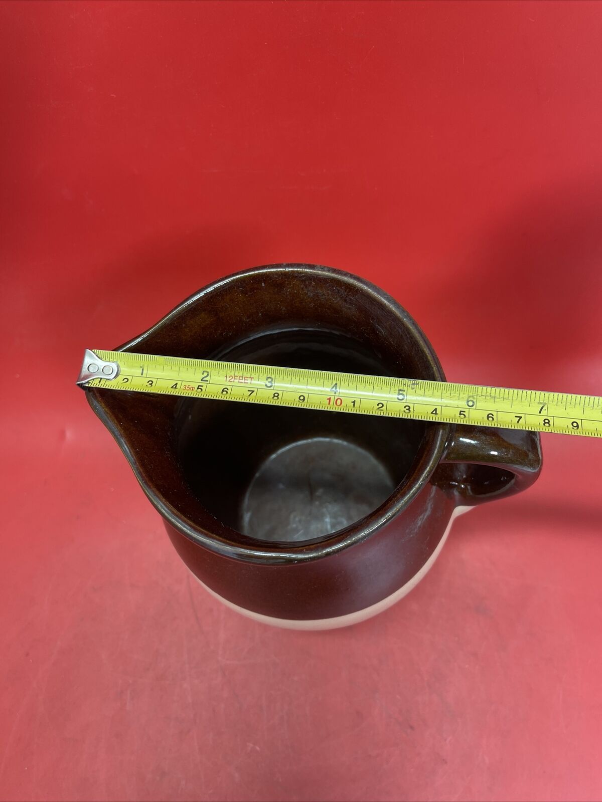 Vintage Stoneware Pitcher Pottery Brown Upper Natural Cream Lower 9”