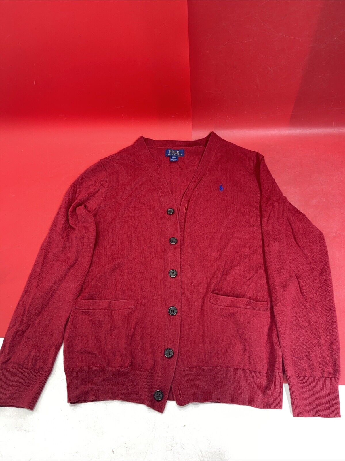 Polo Ralph Lauren Mens Cardigan Red V Neck 100% Pima Cotton Button Up Pullover