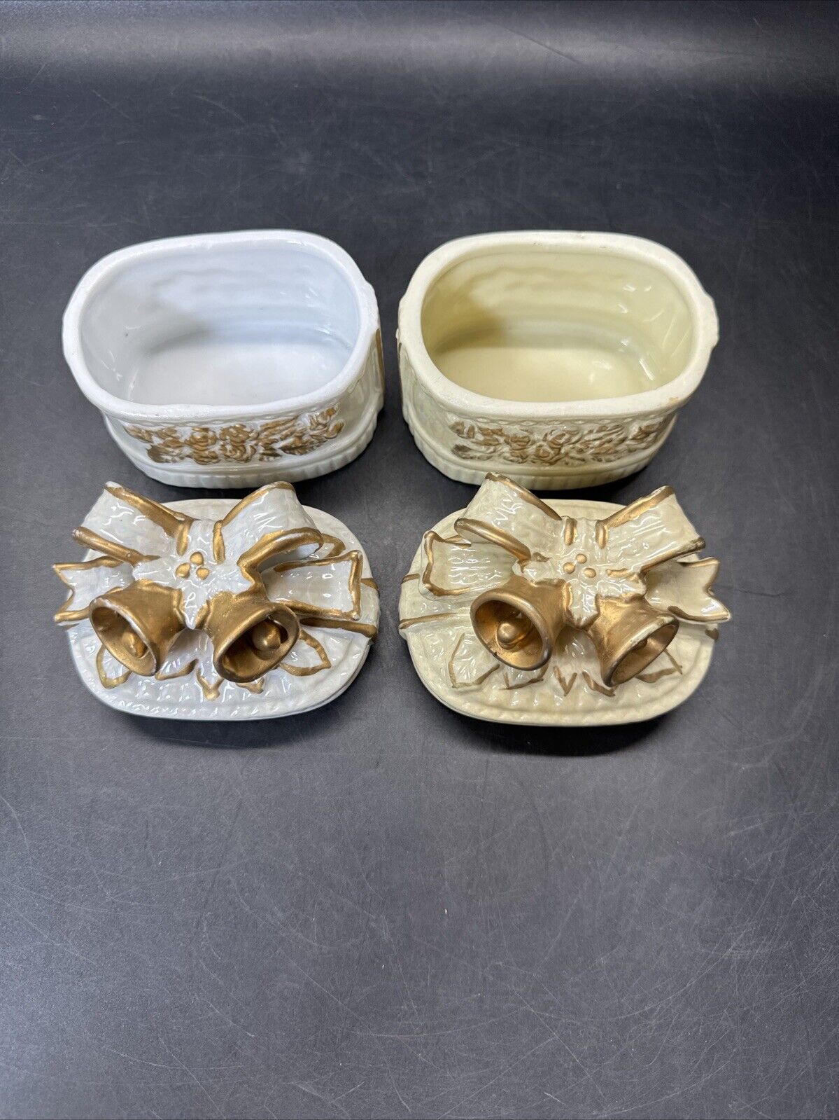 Vintage Trinket Box With Bow And Bells And Gold Accents/ Lot Of 2
