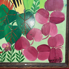 Haitian Jungle Art ,Artist M. Mirvil Brilliant Colors Signed Framed 16Hx20w