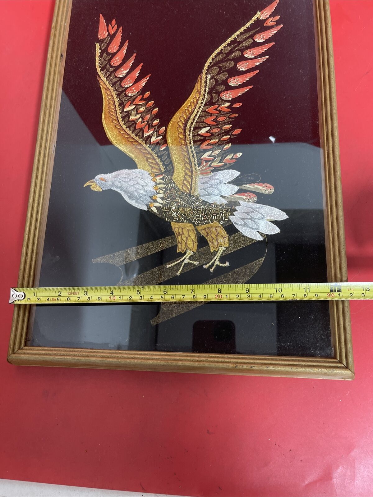 Vtg ART Velvet Bald Eagle Beaded Sequin Embroidered Applique framed under plexi.