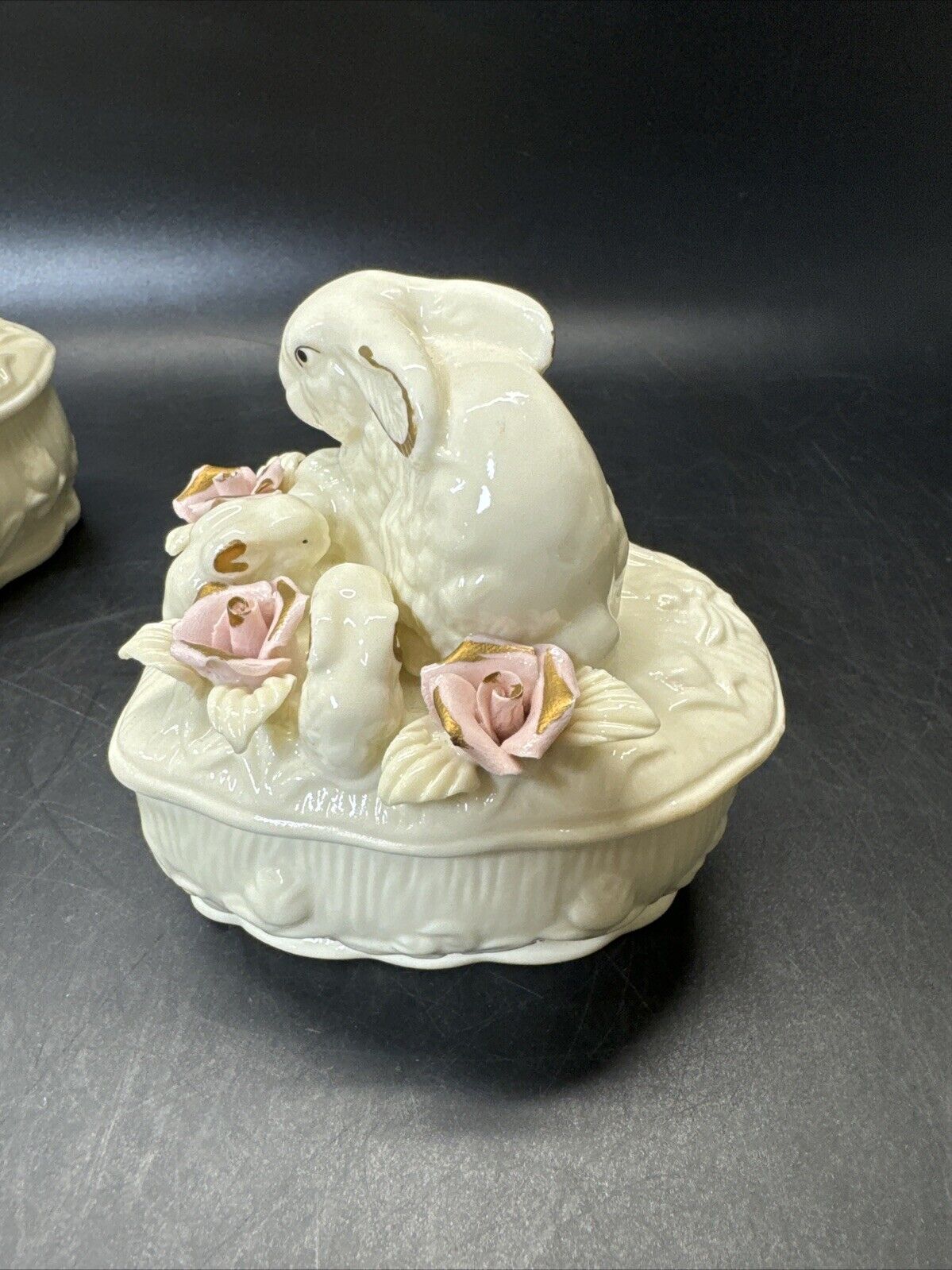 Heart Shape Trinket Box With Bunnies and Flowers/ Lot Of 2