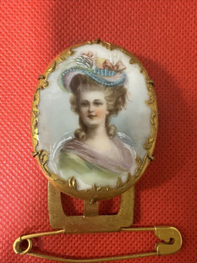 Antique Porcelain Pin Lovely Lady Hand Painted Pink Blue Gold Back Lovely