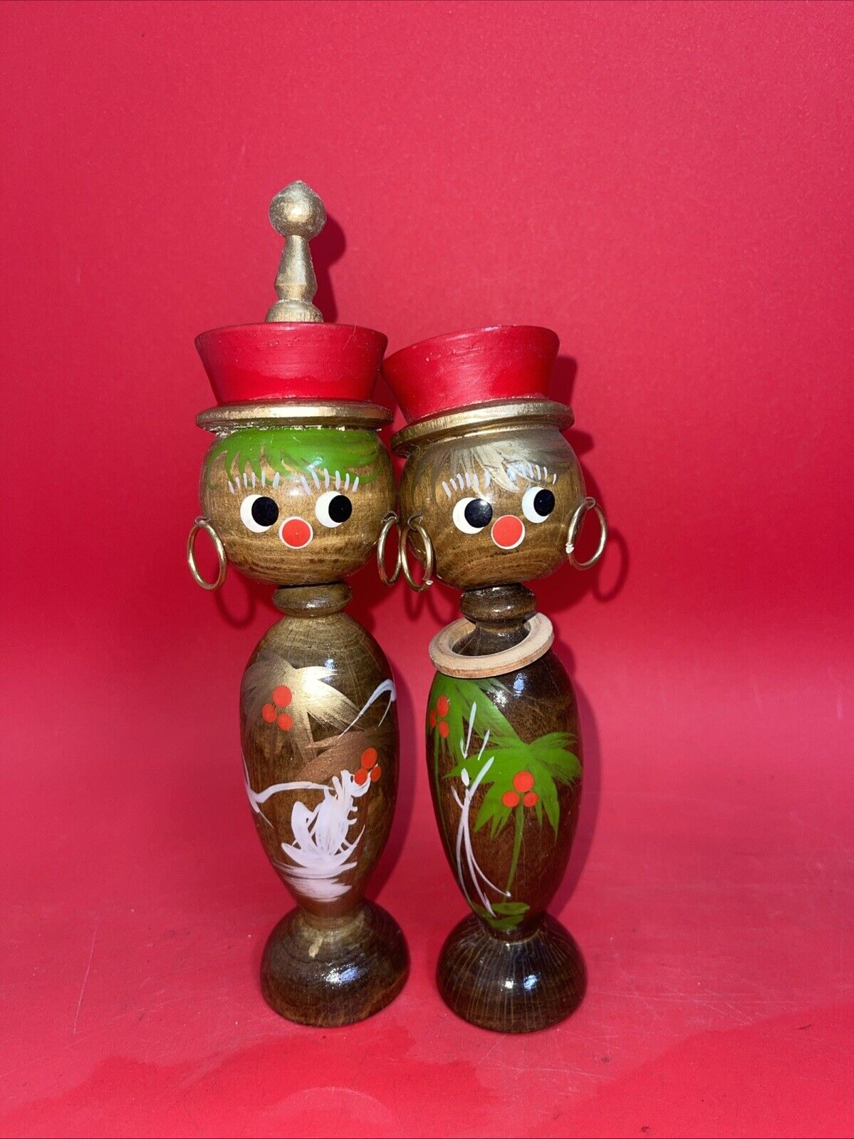 Vintage Wood Island Tropical King & Queen Kokeshi Bobble Head Dolls Handpainted 