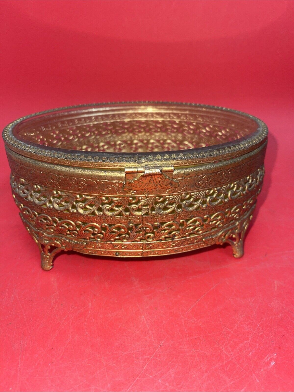 Vintage Gold Ormolu Oval Jewelry Casket Box Gold Velvet Beveled Glass Top 7”