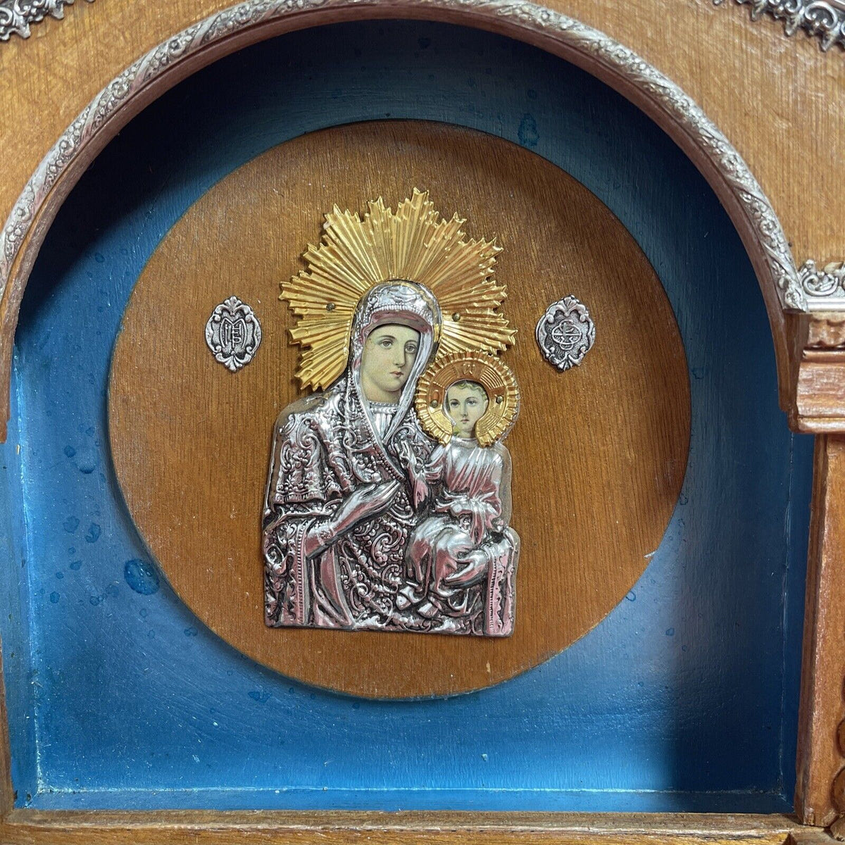 Vintage Orthodox Icon Mary Baby Jesus Large Shadow Box Emboss Carved Wood