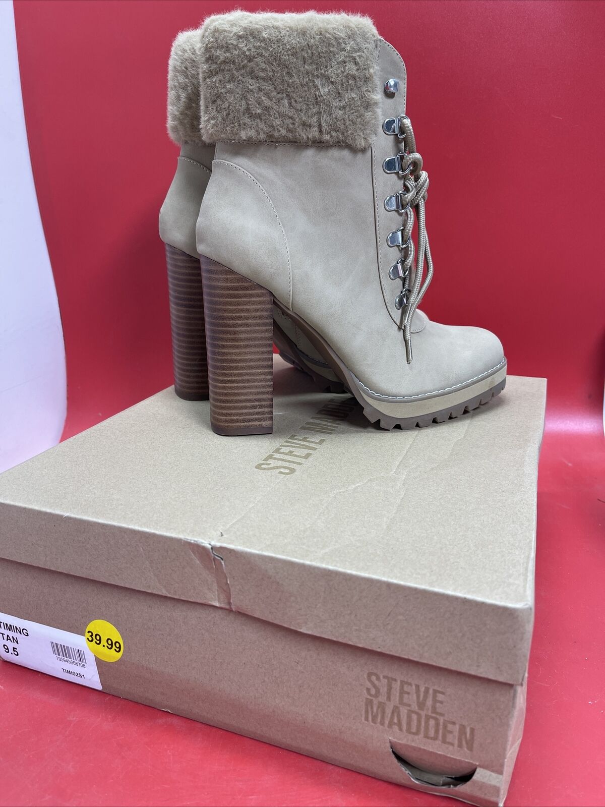 Steve Madden Fur Trimmed Timing High Heel Tan Beige High Heel Boot Bootie S.9.5