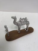 Vintage Set Silver Camel & Man Statue on Wood Stand Sculpture Figurine