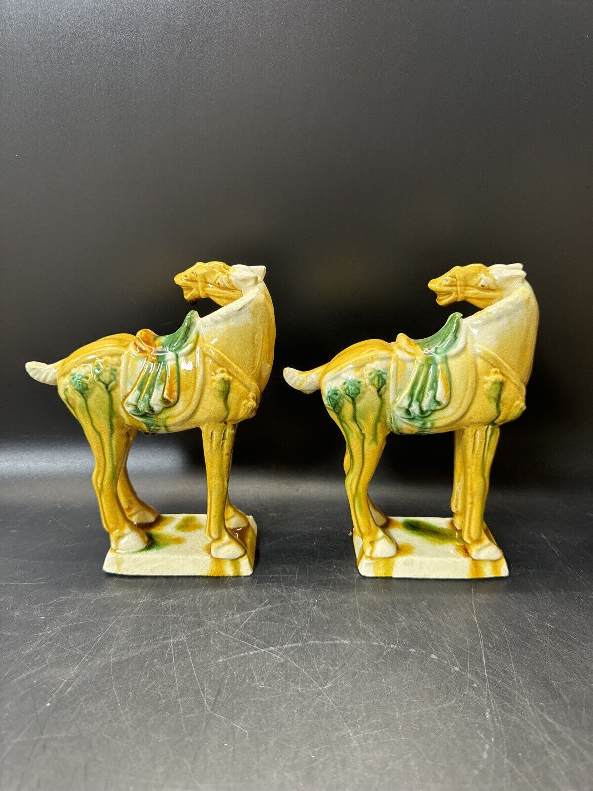 Vintage Drip Style Glaze Ceramic War Horse Figurines/lot 3