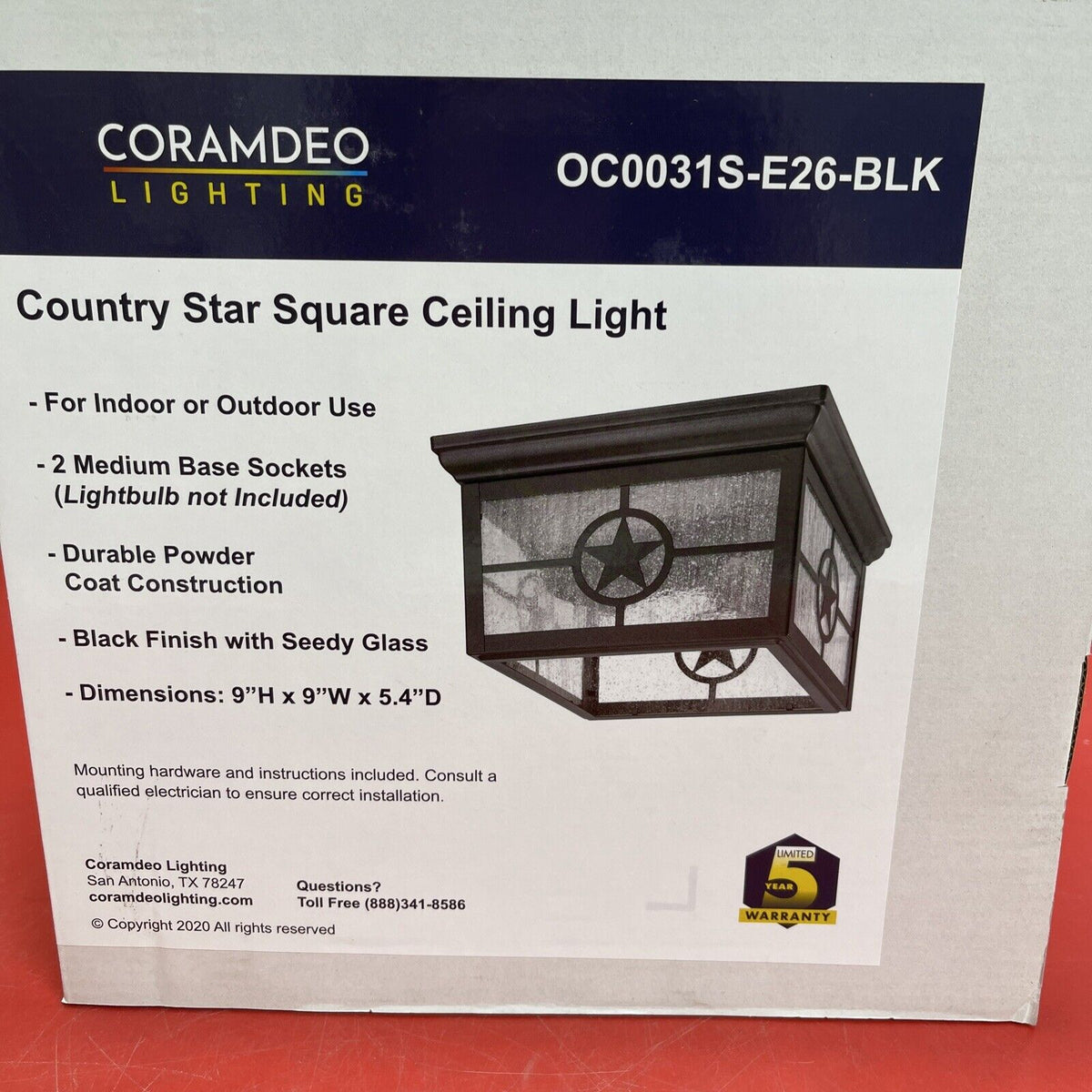 Country Star Square 2 Light Ceiling Mount Farmhouse Fixture, Indoor or Outdoor,