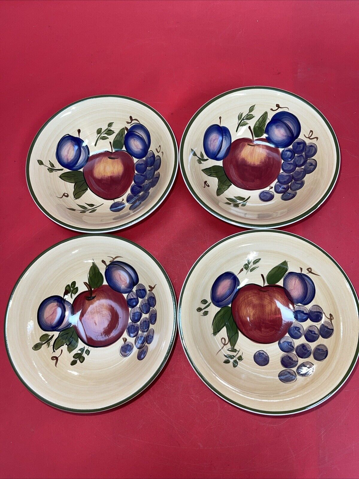 Set of 4 Hand Painted Gibson Everyday Bowls, Apple, Plum, Grape 6 1/4”