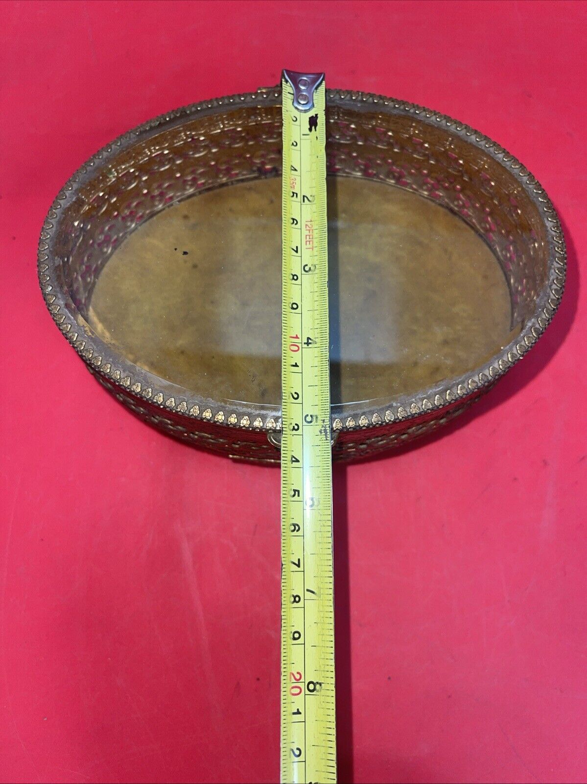 Vintage Gold Ormolu Oval Jewelry Casket Box Gold Velvet Beveled Glass Top 7”