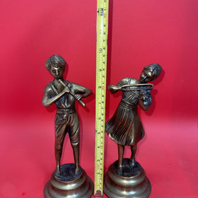 Brass Statues Figurines Boy And Girl Playing The Flute & Violin