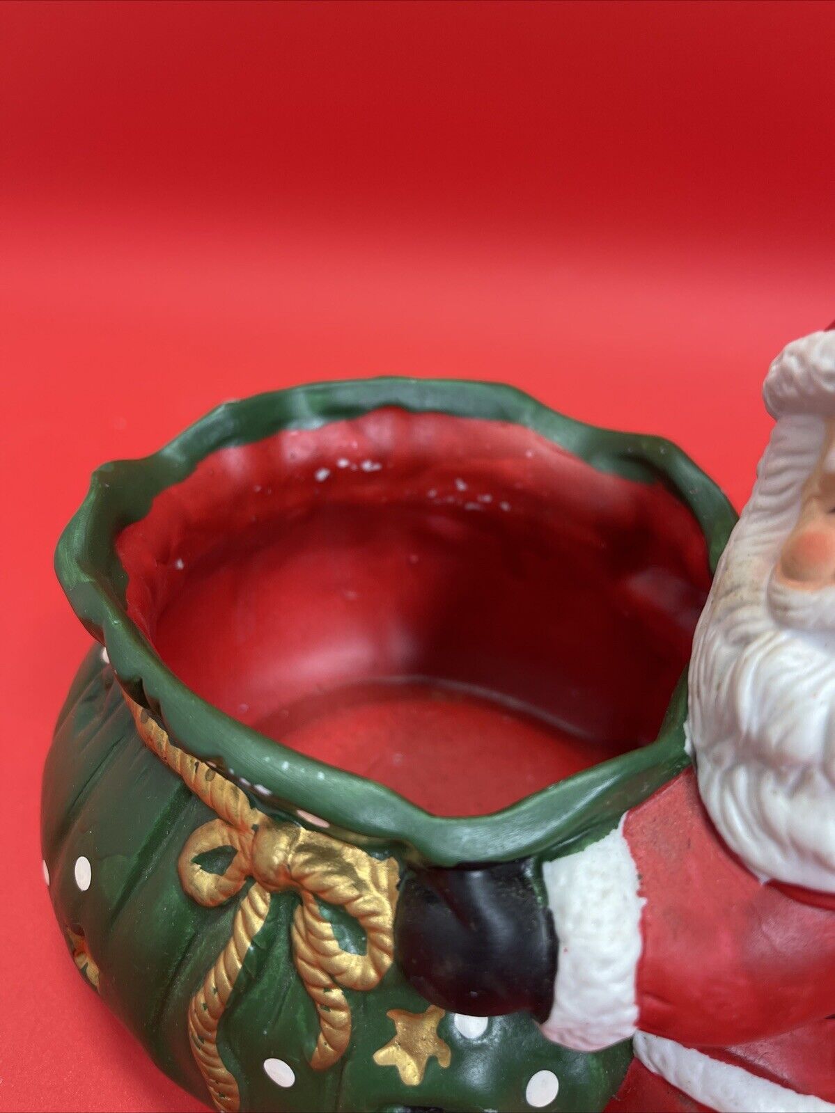 VINTAGE CHRISTMAS SANTA W/LARGE TOY GIFT SACK BAG CERAMIC CANDY DISH PLANTER