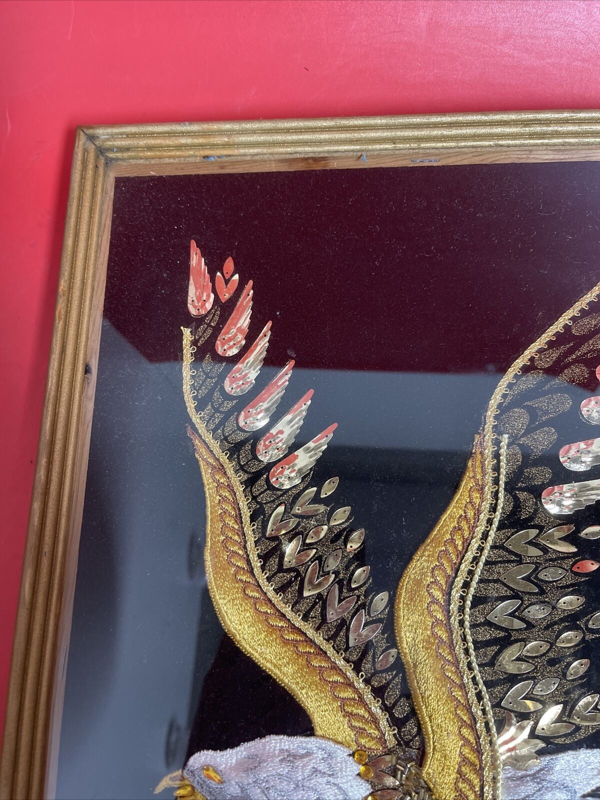 Vtg ART Velvet Bald Eagle Beaded Sequin Embroidered Applique framed under plexi.