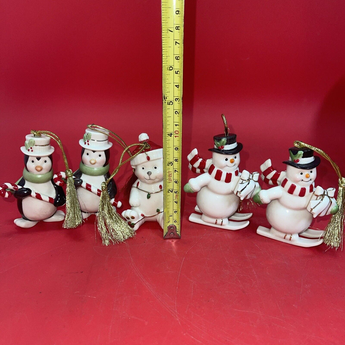 5 Lenox Ornaments Penguin, Snowman Ski, Teddy Bear Very Merry Porcelain