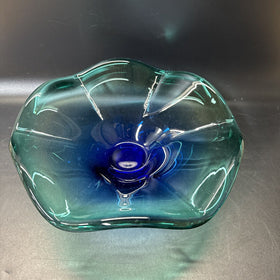 Vintage Murano-Style Cobalt Blue with Green Edges Art Glass Wave Ruffle Bowl 10"