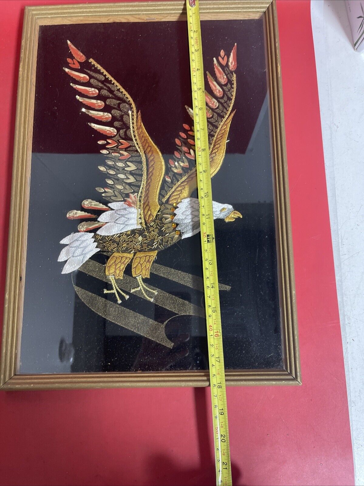 Vtg ART Velvet Bald Eagle Beaded Sequin Embroidered Applique framed under plexi.