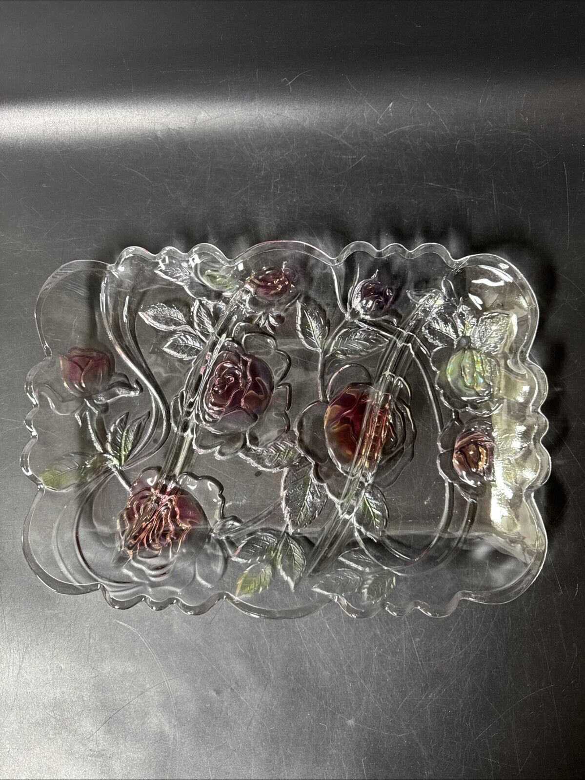 Glass Rectangular Serving Tray/Platter With Flower