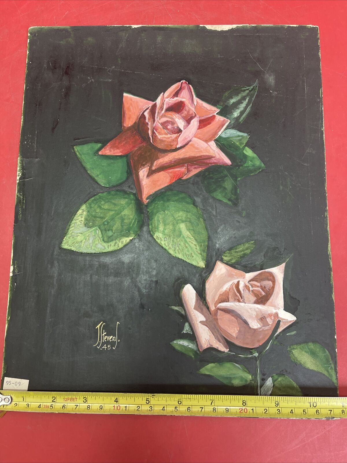 Vintage Art Print J.Stevens.1945 ,,Roses’’-on cardboard