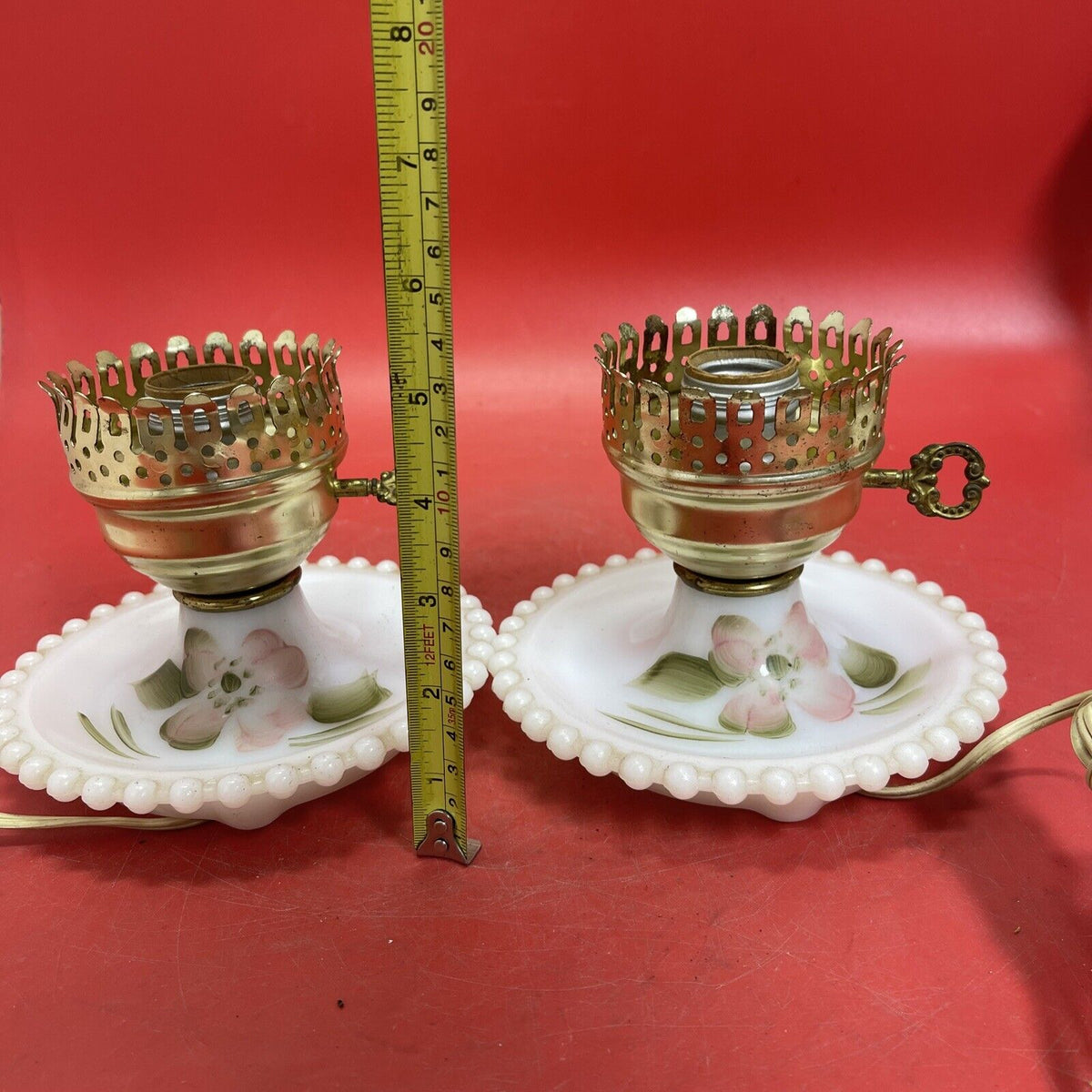 Vintage White Milk Glass Table Lamp Electric Dresser Light Saucer Base Lot 2