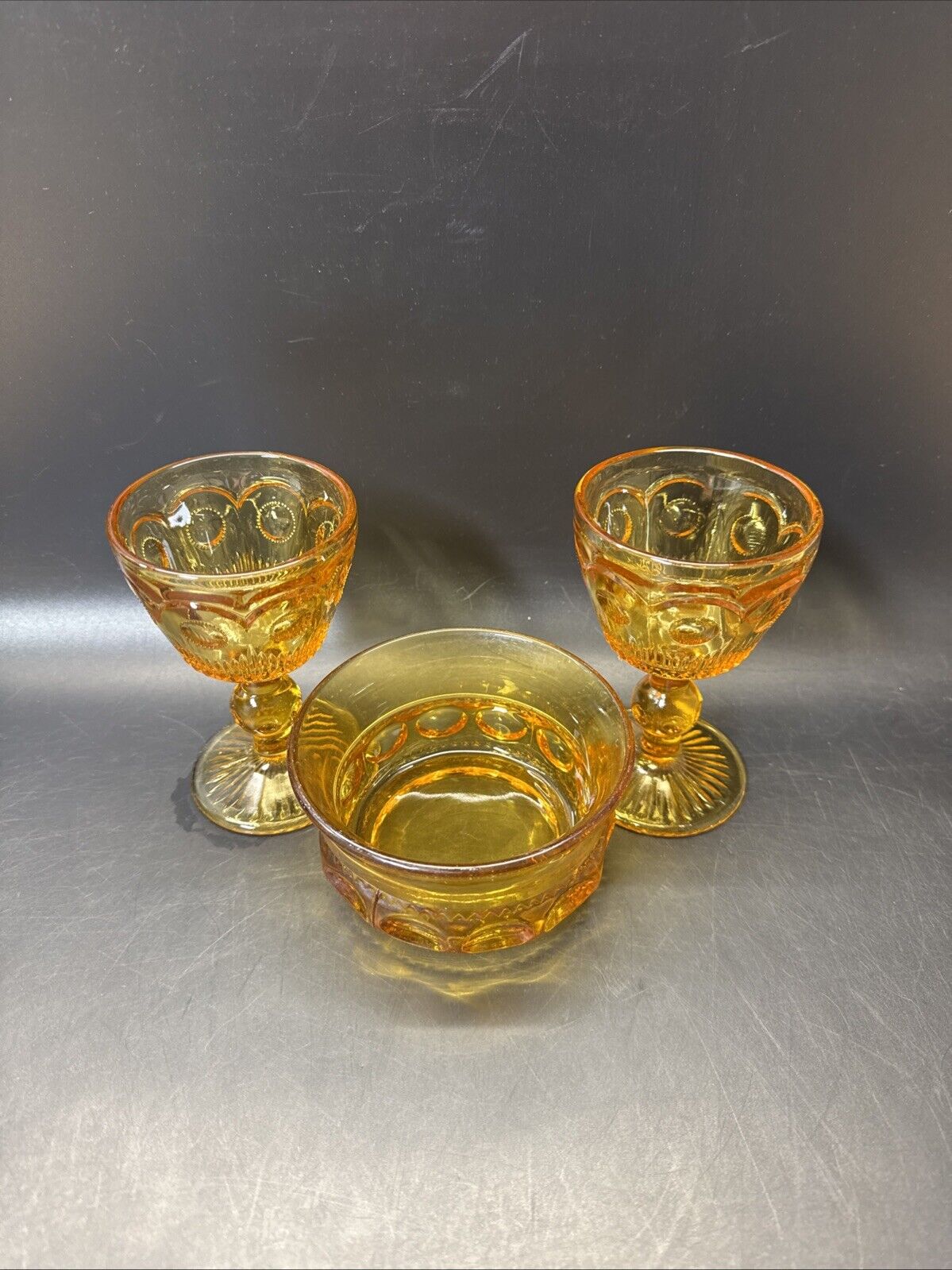 Vintage Amber Wine Or Water Goblets And Fruit Dessert Bowl/ Set Of 3pcs