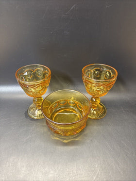 Vintage Amber Wine Or Water Goblets And Fruit Dessert Bowl/ Set Of 3pcs