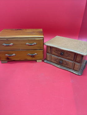 Lot of 2 Vintage Wooden Jewelry Boxes w/ Hinge Opening Mirrors Drawers