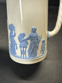 WEDGWOOD Embossed Queen’s Ware BLUE ON CREAM SMALL TROJAN JUG 5.5”