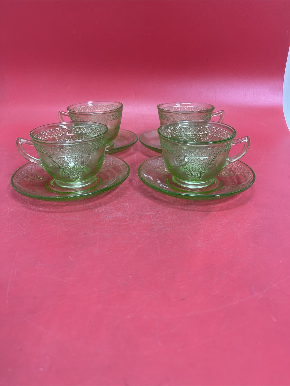 Anchor Hocking Depression Glass Cameo Ballerina Green Uranium Tea Cup & Saucer