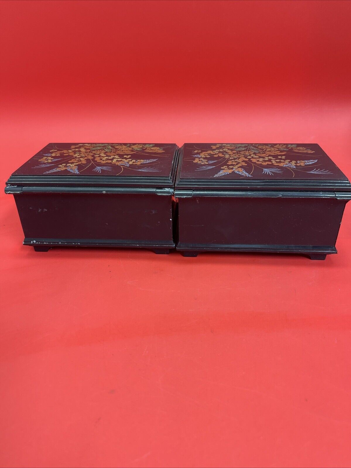 Asian Faux Lacquer Small Jewelry Box w/ Interior Mirror & Red Velvet Lining Lot2